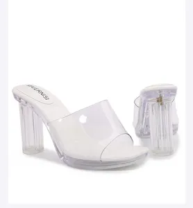 Clear block heel slide detail, transparent PVC upper strap, elegant white insole close up.