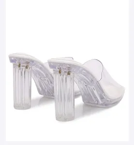 Close-up detail of clear transparent chunky high heel mule sandals with clean white insoles.