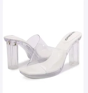 Clear strap and chunky heel detail of transparent high heel sandals for women summer.