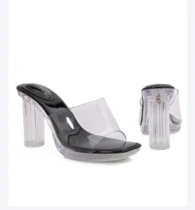 Close-up detail of women's clear chunky high heel sandals with transparent PVC strap and black sole.