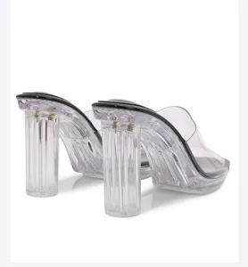 Women transparent chunky heel mules clear strap high heel sandals summer outdoor party shoes