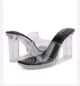 Detailed view of clear chunky heel sandals featuring transparent upper and black insole.