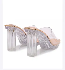 Clear chunky high heel sandals detail, transparent strap and crystal heel for women summer.