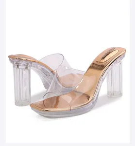 Clear chunky heel high heels sandals women summer transparent strap golden insole mule shoes