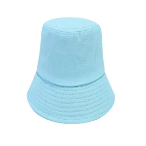 Light blue cotton bucket hat detail, casual sun protection cap with stitched brim features.