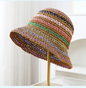 Sombrero de pescador de paja tejida de colores para mujer, gorro de sol para playa.