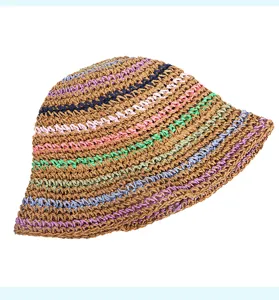 Sombrero de paja de pescador a rayas de colores de verano para mujer, protección solar.