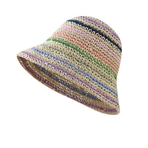 Sombrero de pescador tejido a rayas coloridas de verano, sombrero de paja para playa.