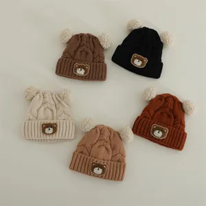 Baby Knit Beanie Hat Winter Warm Bear Patch Double Pom Pom Ear Protection Cap For Infants Toddlers Boys Girls Soft Acrylic Crochet Beanie