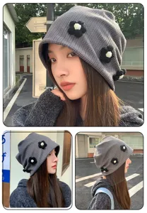 Korean style grey waffle knit beanie hat with cute black flower appliques for women everyday.