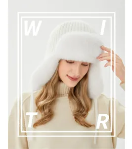 Chapeau trappeur en fourrure de lapin blanc bonnet aviateur tricot chaud hiver femme