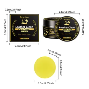 Brunizo leather care cream set with box, jar and sponge showing detailed dimensions.