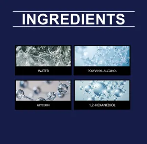 Infographie détaillée des ingrédients du produit montrant eau, alcool, glycérine et diol.
