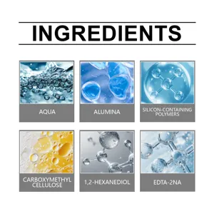 Produkt-Inhaltsstoff-Detailgrafik mit Formelkomponenten wie Aqua, Alumina und Polymeren.