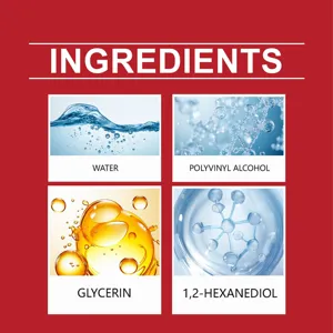 Tableau détaillé des ingrédients du produit avec eau, alcool polyvinylique et glycérine.