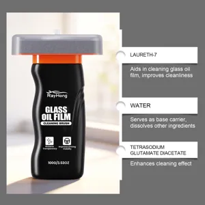 Close up detail view of automotive glass oil film cleaning brush bottle with sponge head.