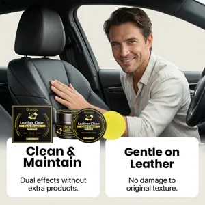 Brunizo leather care cream detail showing car seat cleaning, nourishing and protecting formula.