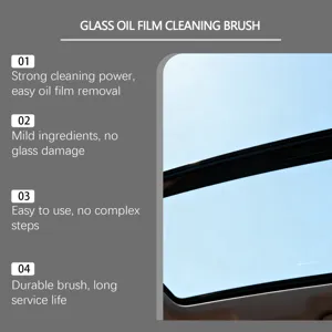 Car glass oil film cleaning brush detail view showing strong cleaning power and safe care for windows.