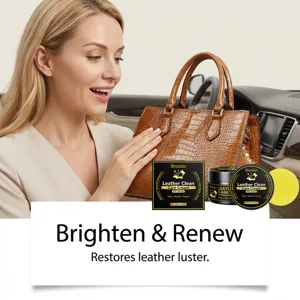 Detail view of Brunizo leather care cream with sponge in car interior setting for maintenance.