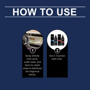 RAYHONG car air freshener detail showing instruction steps, 100ml liquid spray for fresh car.