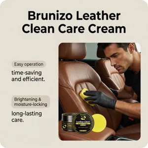 Detail view of leather clean care cream applied on car seat with sponge for deep conditioning.