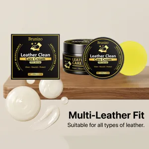 Leather care cream detail view showcasing smooth cream texture, cleaning sponge and packaging.