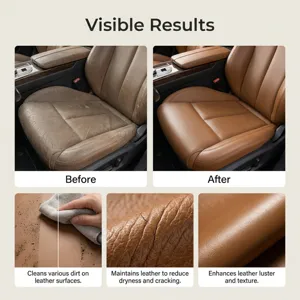 Leather care cream detail view showing cleaning comparison before and after results and texture.