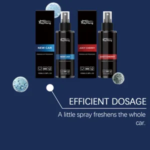 RayHong air freshener detail showing New Car and Juicy Cherry spray bottles with 100ml capacity.