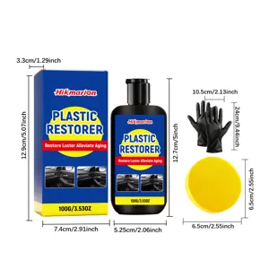 Hikmarion car plastic restorer kit with cleaner liquid, sponge and gloves for interior care.
