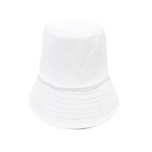 Detailed view of the white cotton bucket hat, showing fabric texture and fine stitching work.