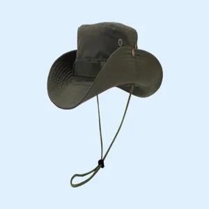 Chapeau de soleil de randonnée en plein air vert armée pour hommes et femmes, large bord avec lanière.
