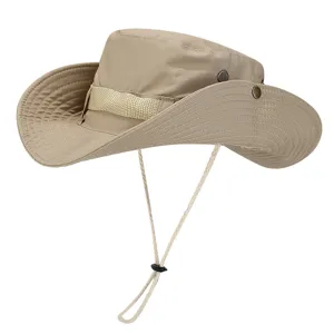 Chapeau de Soleil Plein Air Tissu à Séchage Rapide Bord Large Chapeau de Pêche Style Cowboy de l'Ouest Casquette de Randonnée Respirante pour Hommes Femmes