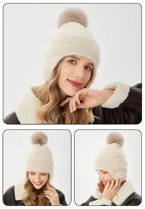 Gorro de punto de invierno para mujer cálido con pompón color sólido orejeras protección frío