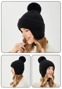 Invierno mujeres cálido forrado orejera gorro con pompón esponjoso detalle de punto