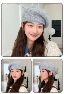 Boina de punto gris para mujer, gorro de lana de otoño invierno, vista detallada acogedora.