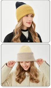 Close-up detail showing the cozy knit texture and stylish two-tone design of the winter warm beanie.