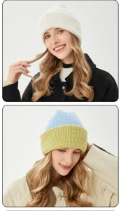 Close-up detail shot of winter knitted beanies featuring ribbed texture and stylish colors.