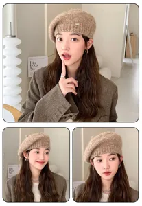 Boina de punto estilo coreano para mujer, sombrero octogonal de lana cálida otoño invierno.