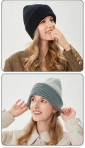 Close-up detail showing the ribbed knit beanie hat worn by the model, warm and soft.