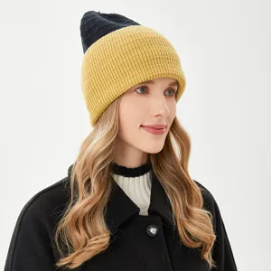 Detailed view of the cozy color-block knitted beanie hat, perfect for cold winter days and style.