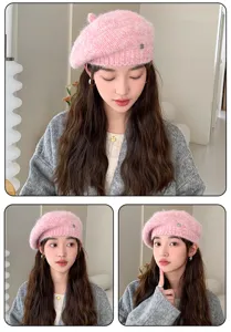 Boina de punto rosa para mujer, diseño octogonal suave, accesorio cálido de invierno.