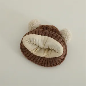 Infant cute bear ear knitted winter hat with warm fleece lining for babies newborn