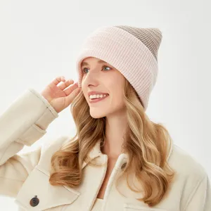 Warm winter knitted beanie for women, dual-color spliced design, soft and comfortable wool hat.