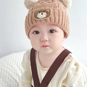 Cute infant knit beanie with bear ears, autumn winter warm baby hat for kids and toddlers.