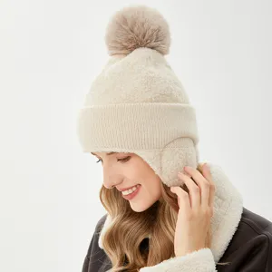 Gorro de punto de invierno cálido forrado de polar con pompón y orejeras mujer