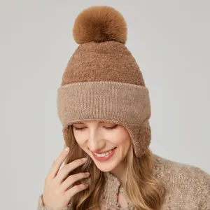 Mujer invierno cálido forro polar gorro con orejeras pompón esponjoso gorro tejido