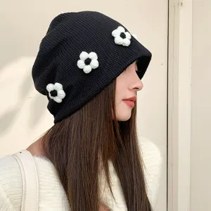 Women knit flower beanie hat slouchy winter warm casual sweet cool style black hat 1pc