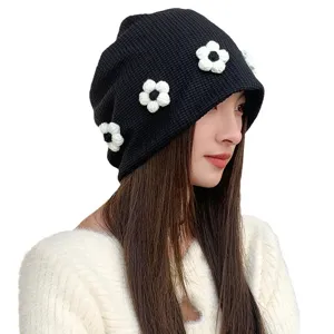 Stylish women slouchy knitted beanie hat with cute flower patterns for daily wear style