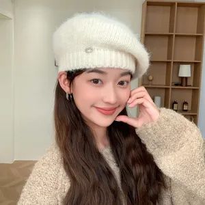 Boina de punto esponjosa estilo coreano para mujer otoño invierno bonito sombrero de pintor cálido