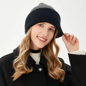Winter warm knitted beanie hat with brim for men and women windproof dual-use cold hat main view
